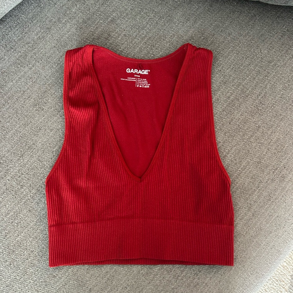 Garage Deep Red Ribbed V-Neck Tank Top